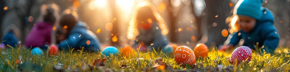 Fototapete Colorful Easter eggs on grass with children in the background. Outdoor Easter egg hunt concept with copy space. Springtime holidays design for greeting card, postcard  © Alexey
