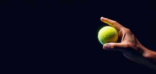 A hand and a tennis ball in the photo on a black Background. generative AI - obrazy, fototapety, plakaty