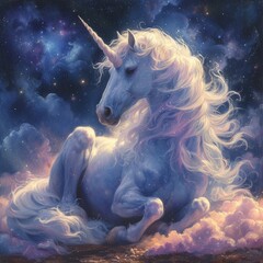 Obraz na płótnie Canvas Unicorn in the starry sky. Fantasy digital painting.AI.