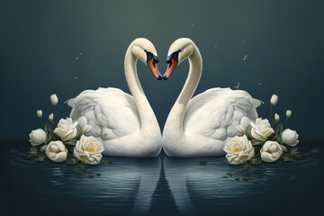 
Illustration of a pair of swans dressed as bride and groom, gracefully floating on a serene lake