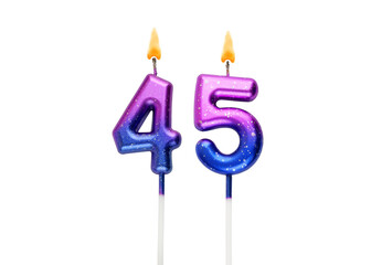 Birthday cake candles isolated on white background. Number 45.	