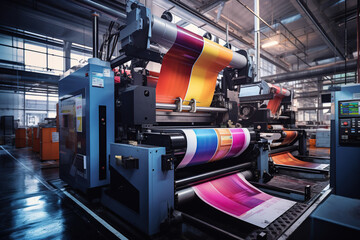 Vibrant offset printing press in action, with freshly inked paper rolling through the machine at night. - obrazy, fototapety, plakaty