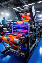 Vibrant offset printing press in action, with freshly inked paper rolling through the machine at night.