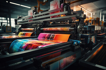 Vibrant offset printing press in action, with freshly inked paper rolling through the machine at night.