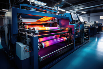Obraz premium Vibrant offset printing press in action, with freshly inked paper rolling through the machine at night.