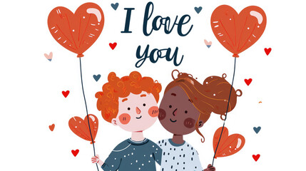 Illustration of a girl with a boy with balloons on a festive background. Valentine's Day card