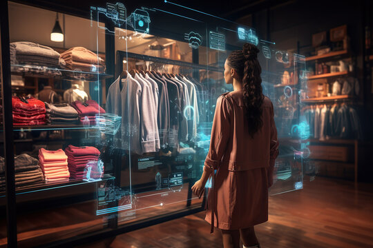 A woman interacts with an advanced digital display at a smart retail clothing shop, highlighting the integration of technology in shopping experience, AI Generative.