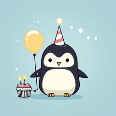 cute penguin happy birthday celebration with cake and balloons, isolated on blue background