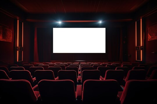 Cinema auditorium with white screen and red chairs lined up. generative AI