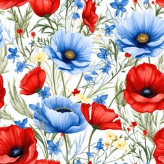 Red, White and Blue Flowers on a White Background Pattern