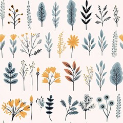 Seamless Patterns of Various Plants on a White Background