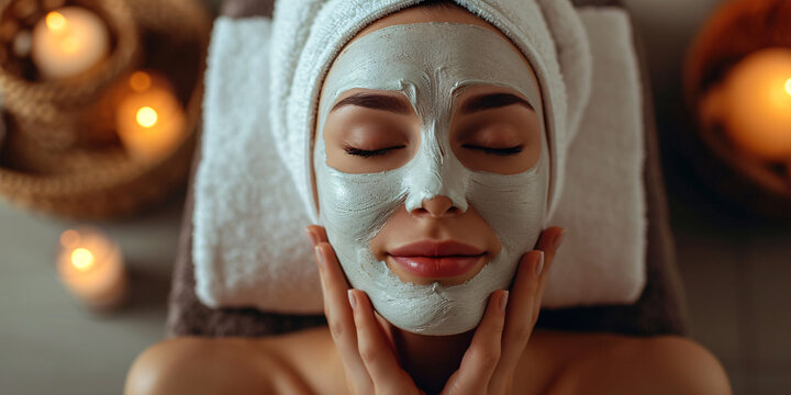 Close-up of a serene woman with a facial clay mask. Spa and wellness setting with soft towel and candlelight. Skincare and beauty treatment concept. Design for spa services menu, wellness blog, and sk