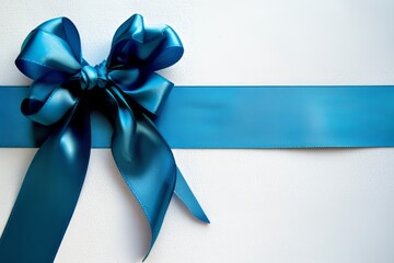 A blue ribbon adorned with a bow on a pristine white background, symbolizing sophistication and achievement generative ai