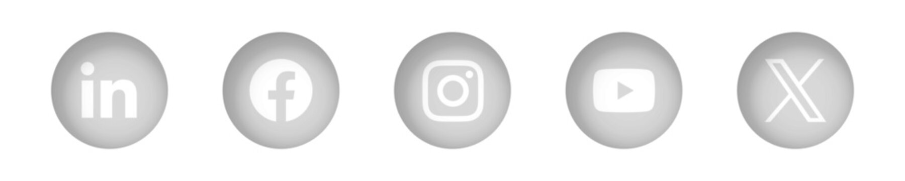 Social media app icon set. LinkedIn, Facebook, Instagram, Youtube and X, former Twitter. Circle button with inner dropped shadow vector icons.