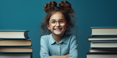 Happy cute little girl on a blue background with books. School, Back to school, and Education Concept. Generative Ai.