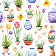 Watercolor Painting of Potted Plants and Flowers in Pattern Form
