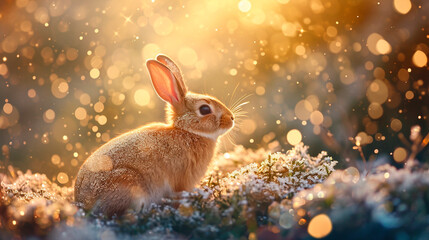 Rabbit on a magical meadow, shine. Selective focus.