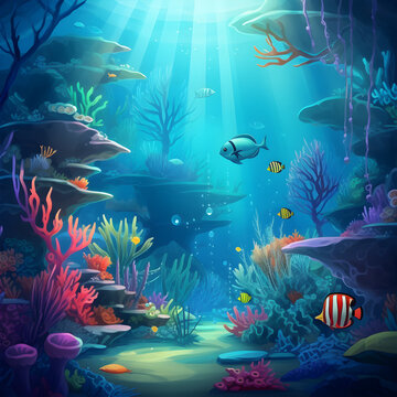 underwater illustration and life. the beauty of marine life. fish, algae and coral reefs are beautiful and colorful.