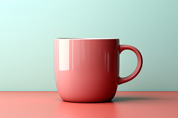 Hot latte mug on pastel green background, pink of coffee mug over pastel background with copy space.