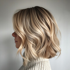 Rear view of short bob hair of girl with blonde ombre balayage haircolor	
