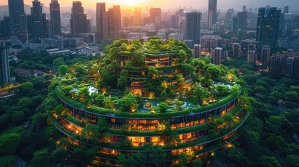 Futuristic Metropolis with Lush Greenery from an Aerial Drone View.