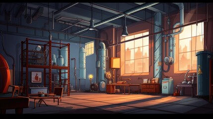 Industrial loft interior illustration in cartoon style. Bright colors, empty room scene for game background