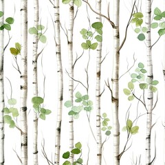 Watercolor Painting of Trees and Leaves on White Background