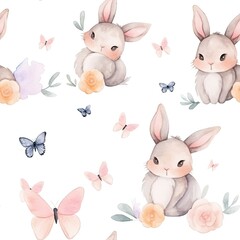 Watercolor Painting of Bunny and Butterflies