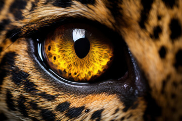 Macro shot of a leopard's eye, capturing the wild and predatory gaze along with detailed fur patterns
