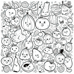 Vegetables drawing outline vector set isolated on white background. 