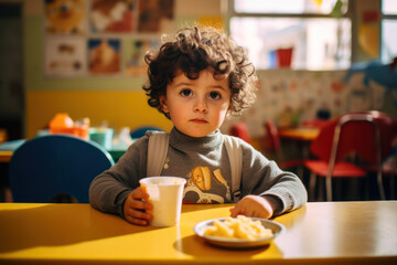 
Photo of a 2-year-old Italian boy sitting by himself at a small table during snack time in daycare