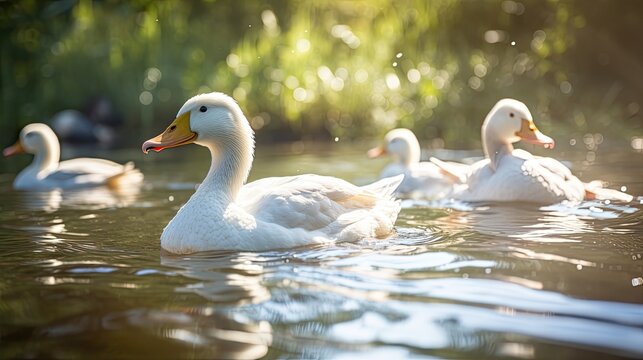 White ducks in pond.. Generative AI