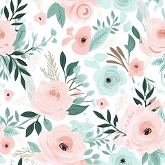 Seamless Floral Wallpaper With Pink Flowers and Green Leaves