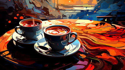 A Abstract Cups Full Of Expresso In Background, Art Style - obrazy, fototapety, plakaty