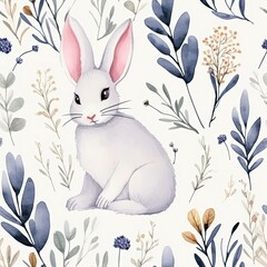 Watercolor Painting of Rabbit Surrounded by Plants