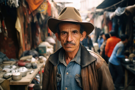 
Photograph of a middle-aged Mexican man, about 45 years old, standing amidst the crowded and chaotic streets of a Mexico City shantytown