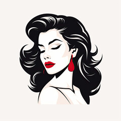 A girl shows a hairstyle black and white lady with red lips and earrings,  logo style, cards, hairstylist, 
