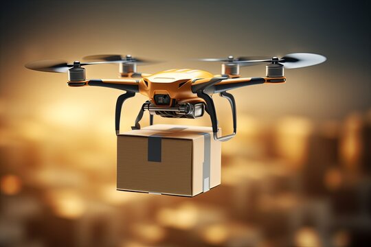 Package drone, renewable energy, smart green tech drone positioning systems artificial intelligence autonomous, unmanned delivery. Environment, deliver parcels packages, future of postal services.