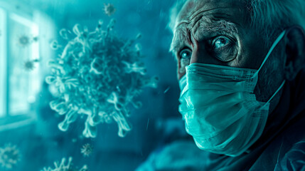 An old patient wearing a mask in a coronavirus hospital ward. Selective focus.