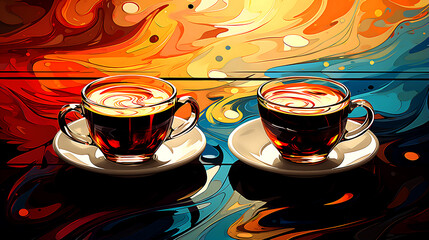 A Abstract Cups Full Of Expresso In Background, Art Style - obrazy, fototapety, plakaty
