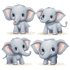 vector illustration of cute elephant isolated on white background, in different poses