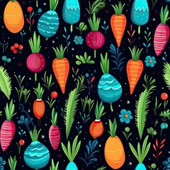 Colorful Carrot and Plant Pattern on Black Background