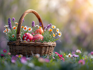 Fototapeta na wymiar Decorated Easter eggs in a natural wicker basket with lavender and daisies in a spring field. Seasonal holiday concept with place for text for invitation or poster design 