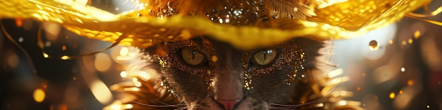 wicked cat in a yellow carnival hat with sequins and a feather n 8k