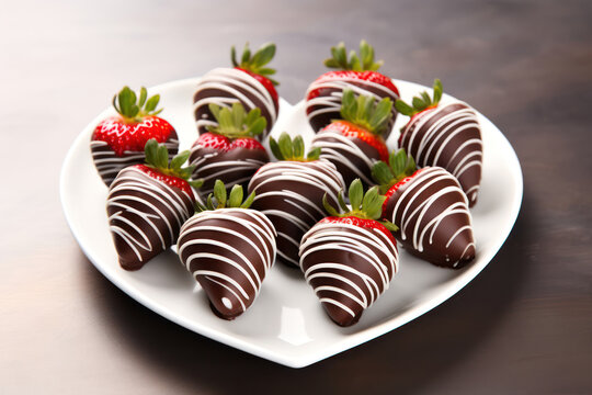 
Photograph of an elegant display of chocolate strawberries on a silver platter, high-end look with soft lighting