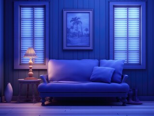 A blue room with a couch and lamp. Generative AI.