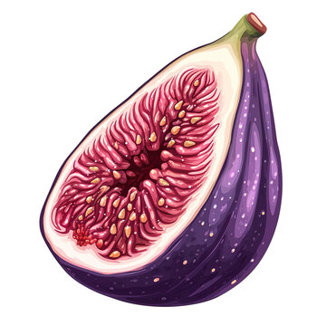 illustration of Fresh ripe delicious purple figs cut in half.  isolated on white background. Sweet yummy juicy fruit. Summer tropical fruits for a healthy lifestyle.