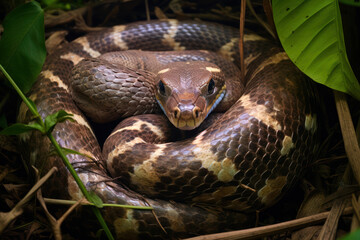 
Python clutch of eggs in the dense jungle undergrowth, with the python mother coiled protectively around them