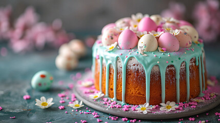 Spring Easter cake with blue icing and pink candy decorations. Festive baking concept suitable for design and culinary workshop
