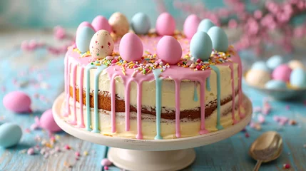 Fotobehang Pastel Easter sponge cake with dripping icing and candy eggs. Springtime baking and dessert concept for poster and recipe design  © Alexey